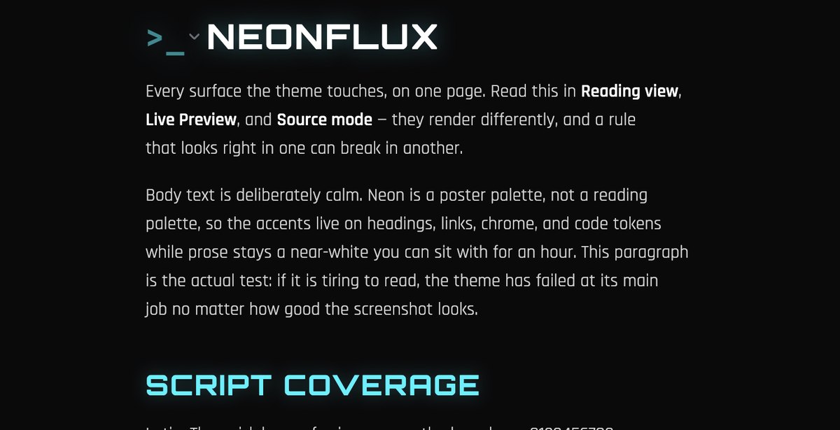 Neonflux Obsidian theme preview